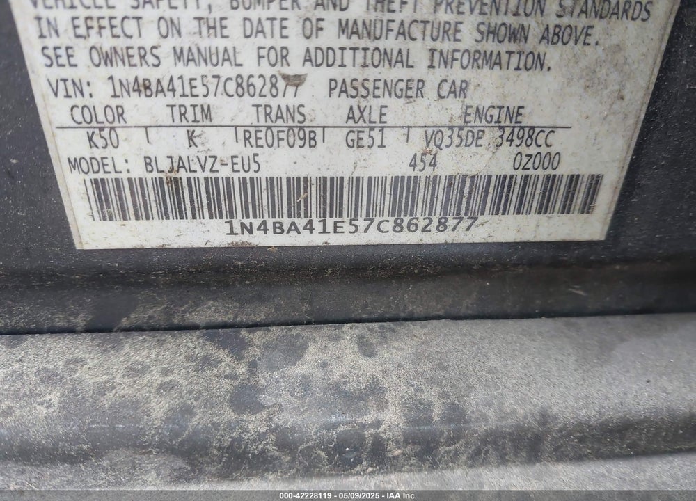 2007 NISSAN MAXIMA VIN: 1N4BA41E57C862877