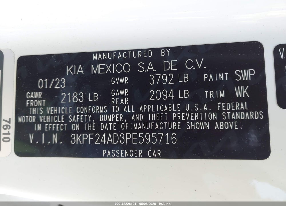 2023 KIA FORTE LXS VIN: 3KPF24AD3PE595716