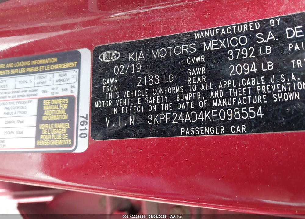 2019 KIA FORTE LXS VIN: 3KPF24AD4KE098554