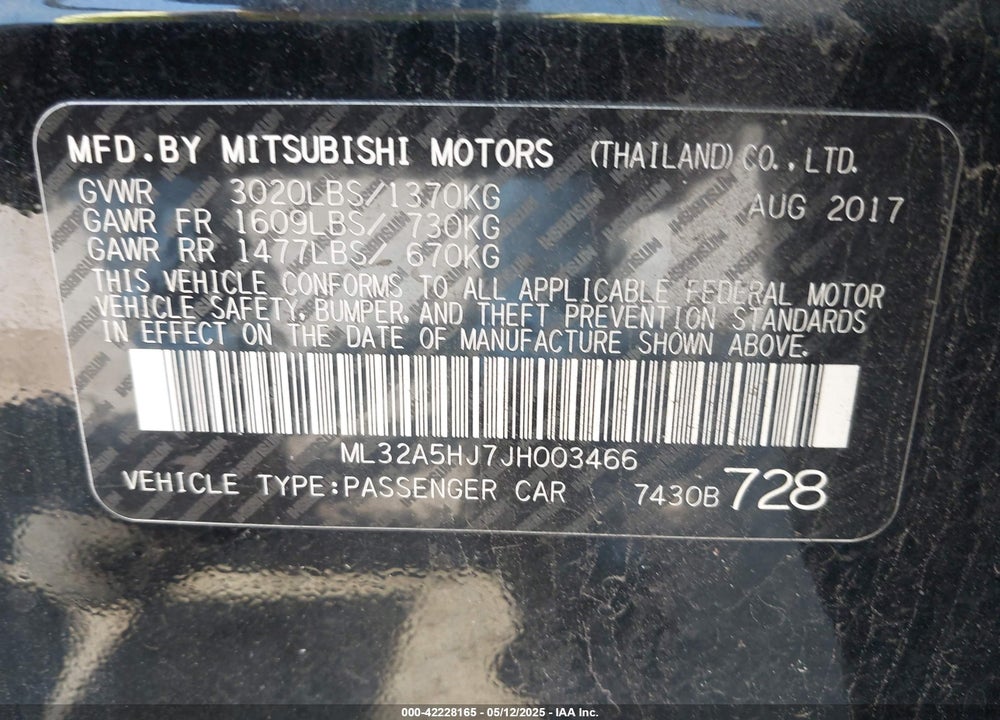 2018 MITSUBISHI MIRAGE VIN: ML32A5HJ7JH003466