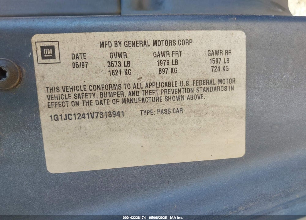 1997 CHEVROLET CAVALIER VIN: 1G1JC1241V7313941