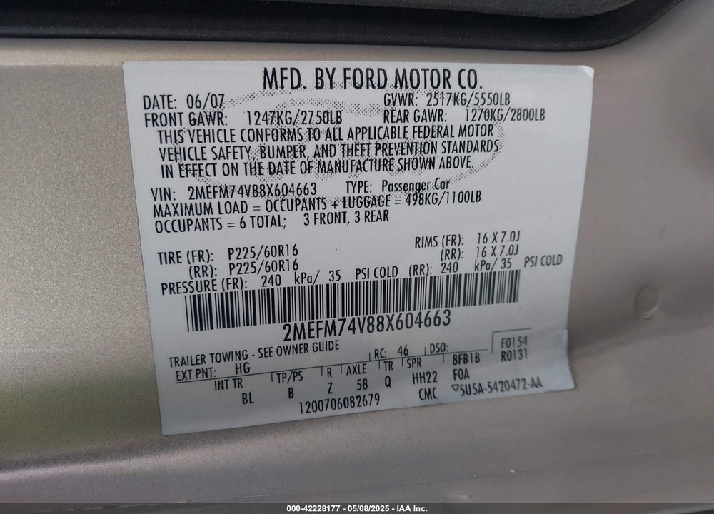2008 MERCURY GRAND MARQUIS VIN: 2MEFM74V88X604663