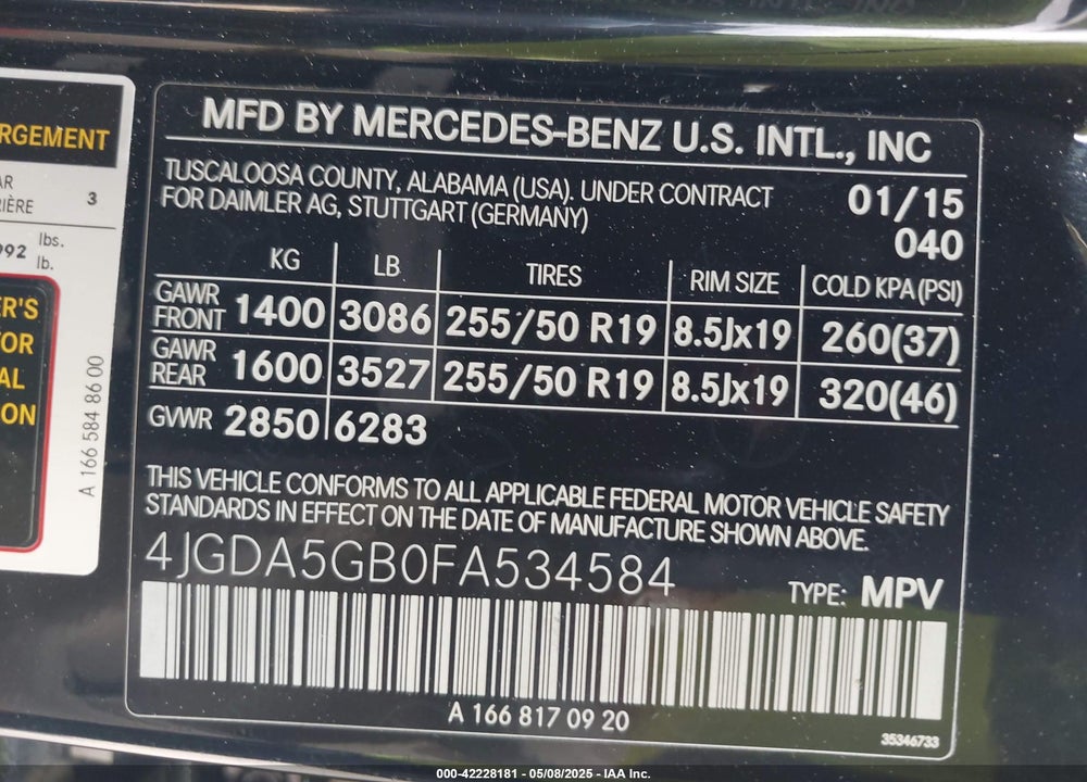 2015 MERCEDES-BENZ M-CLASS VIN: 4JGDA5GB0FA534584