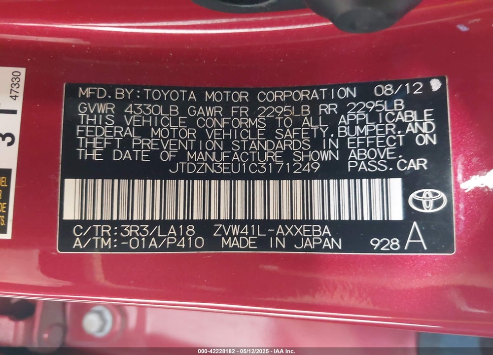 2012 TOYOTA PRIUS V FIVE VIN: JTDZN3EU1C3171249