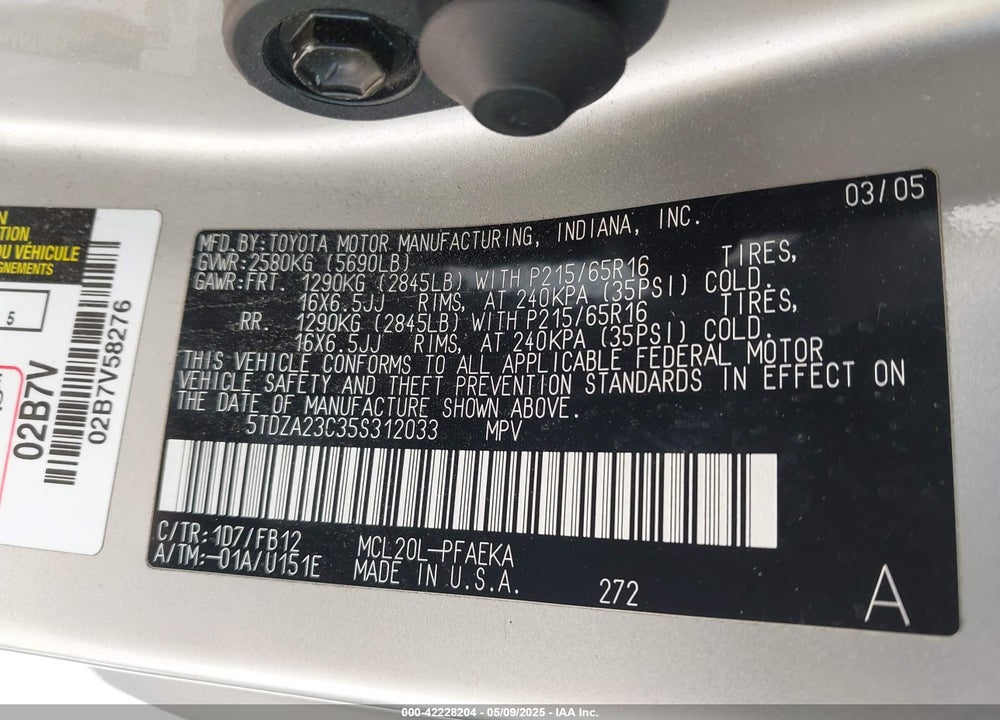 2005 TOYOTA SIENNA LE VIN: 5TDZA23C35S312033