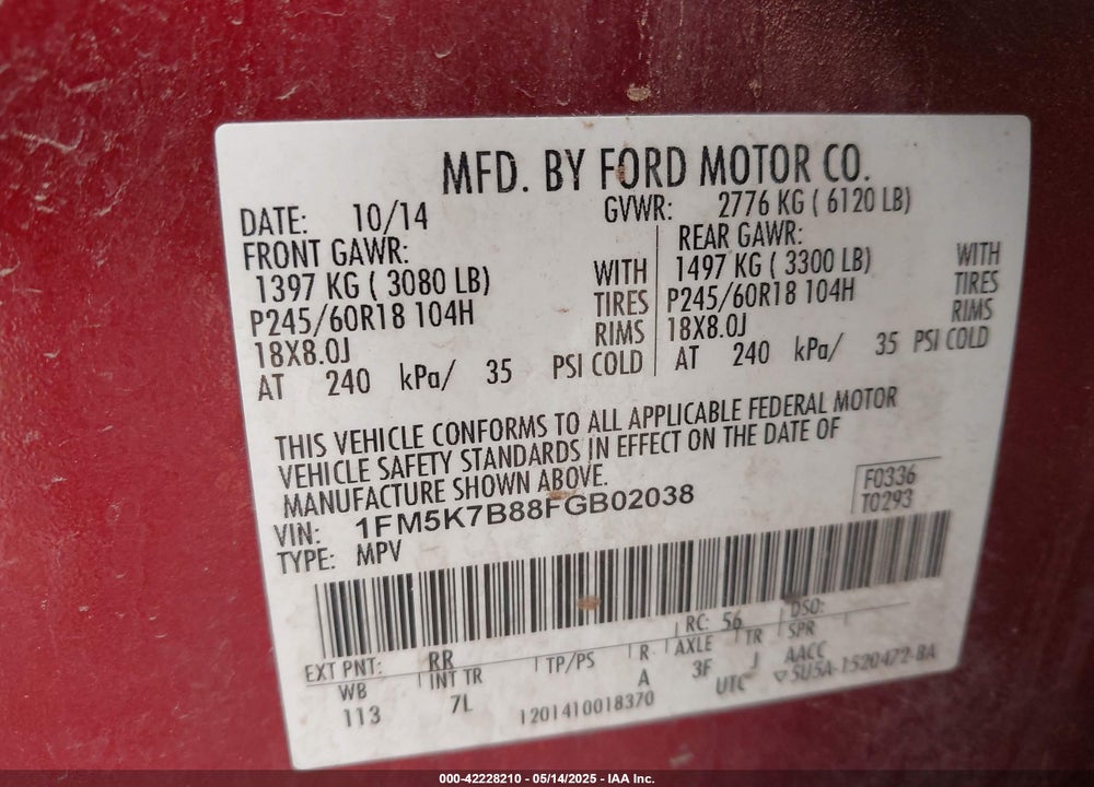 2015 FORD EXPLORER VIN: 1FM5K7B88FGB02038