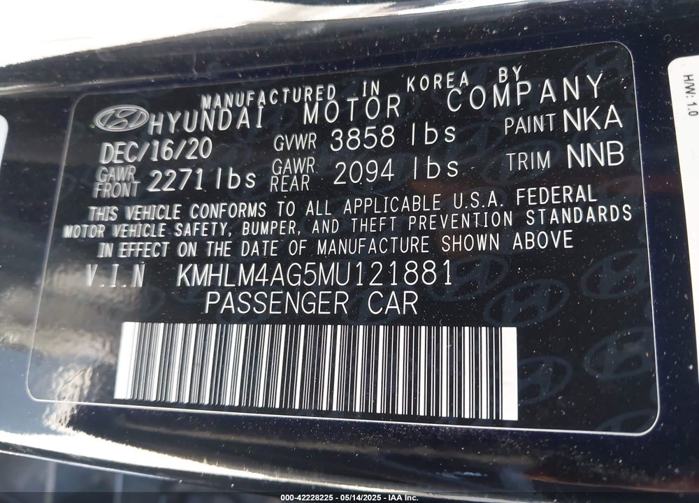 2021 HYUNDAI ELANTRA VIN: KMHLM4AG5MU121881