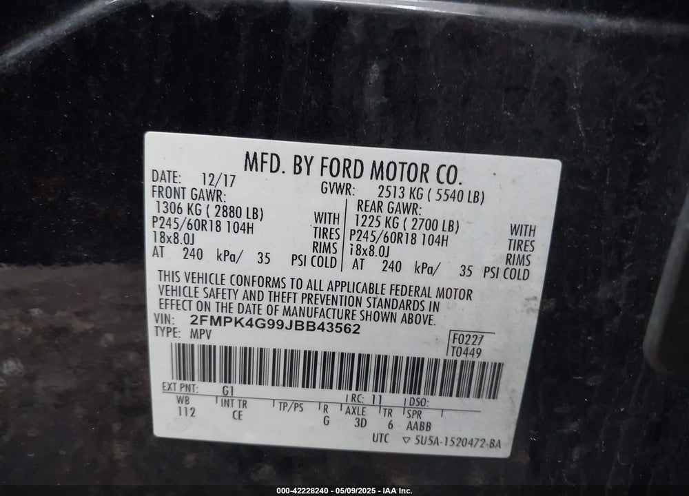 2018 FORD EDGE VIN: 2FMPK4G99JBB43562