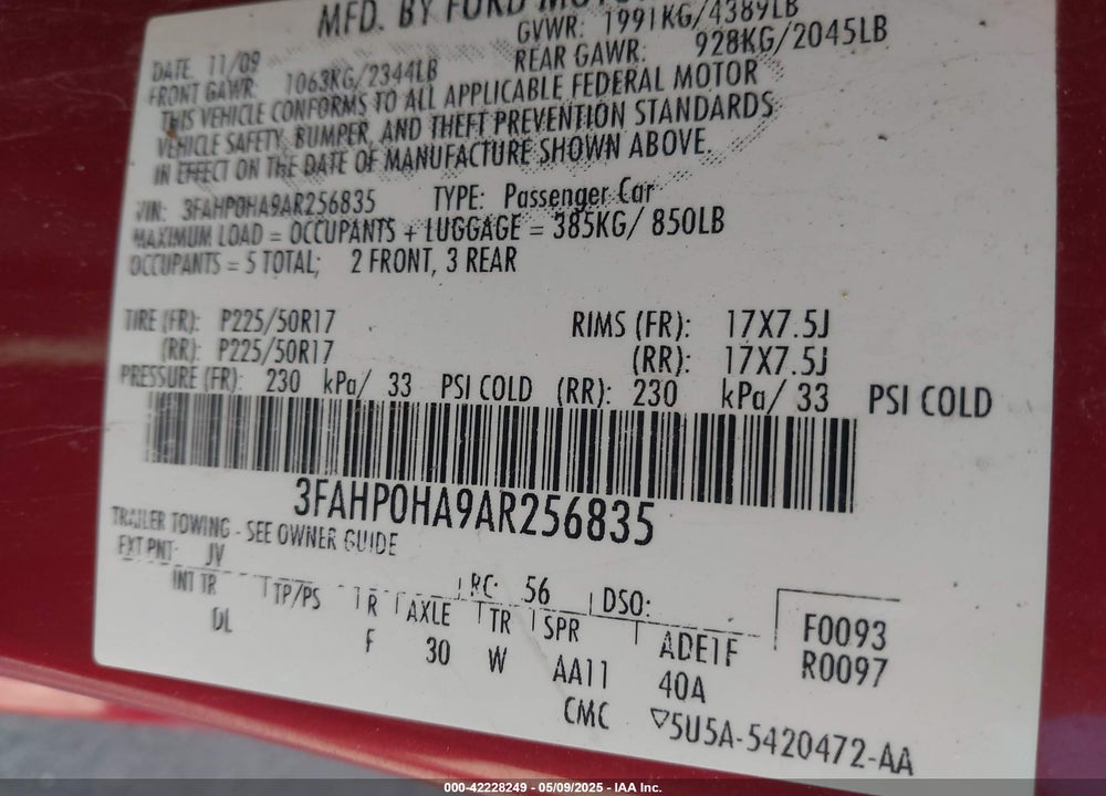 2010 FORD FUSION VIN: 3FAHP0HA9AR256835