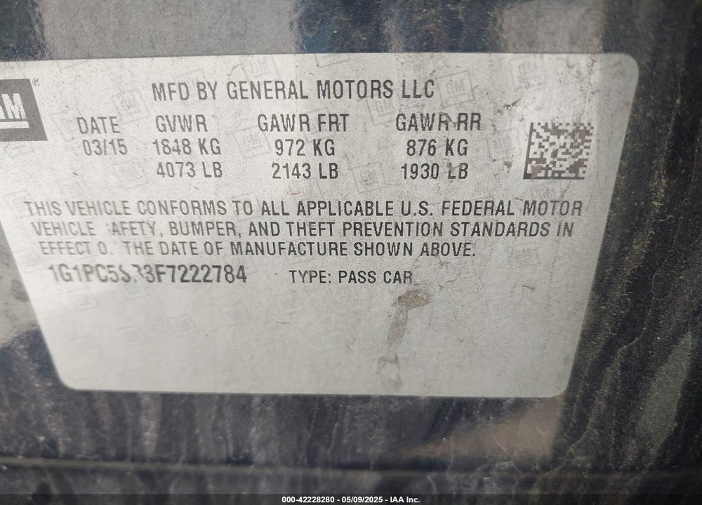 2015 CHEVROLET CRUZE VIN: 1G1PC5SB3F7222784