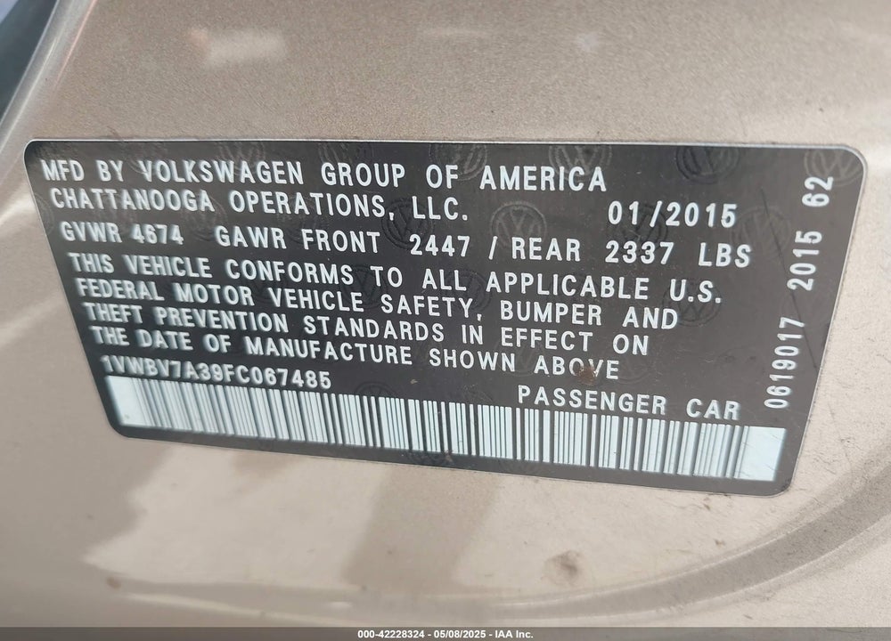 2015 VOLKSWAGEN PASSAT 2.0L TDI SE VIN: 1VWBV7A39FC067485