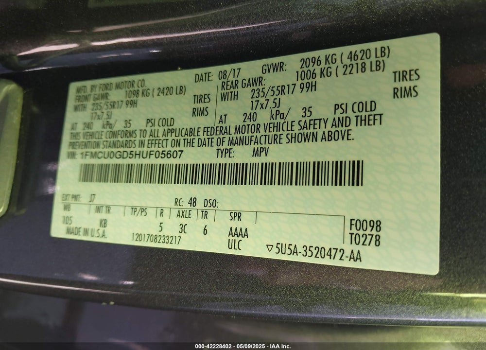 2017 FORD ESCAPE VIN: 1FMCU0GD5HUF05607