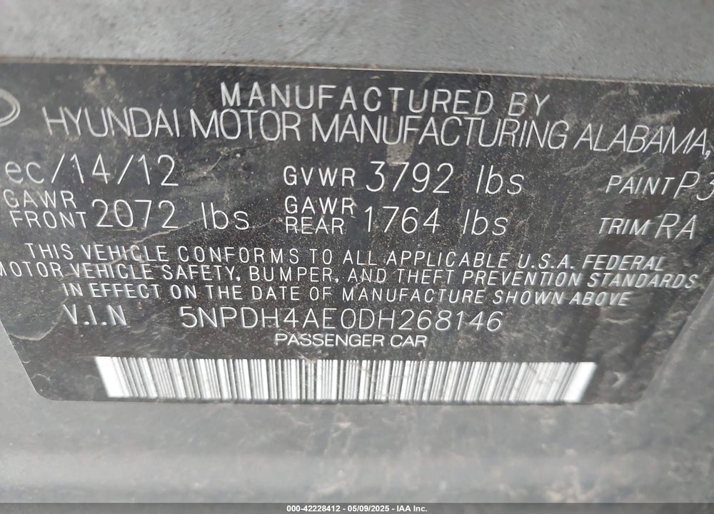 2013 HYUNDAI ELANTRA LIMITED VIN: 5NPDH4AE0DH268146