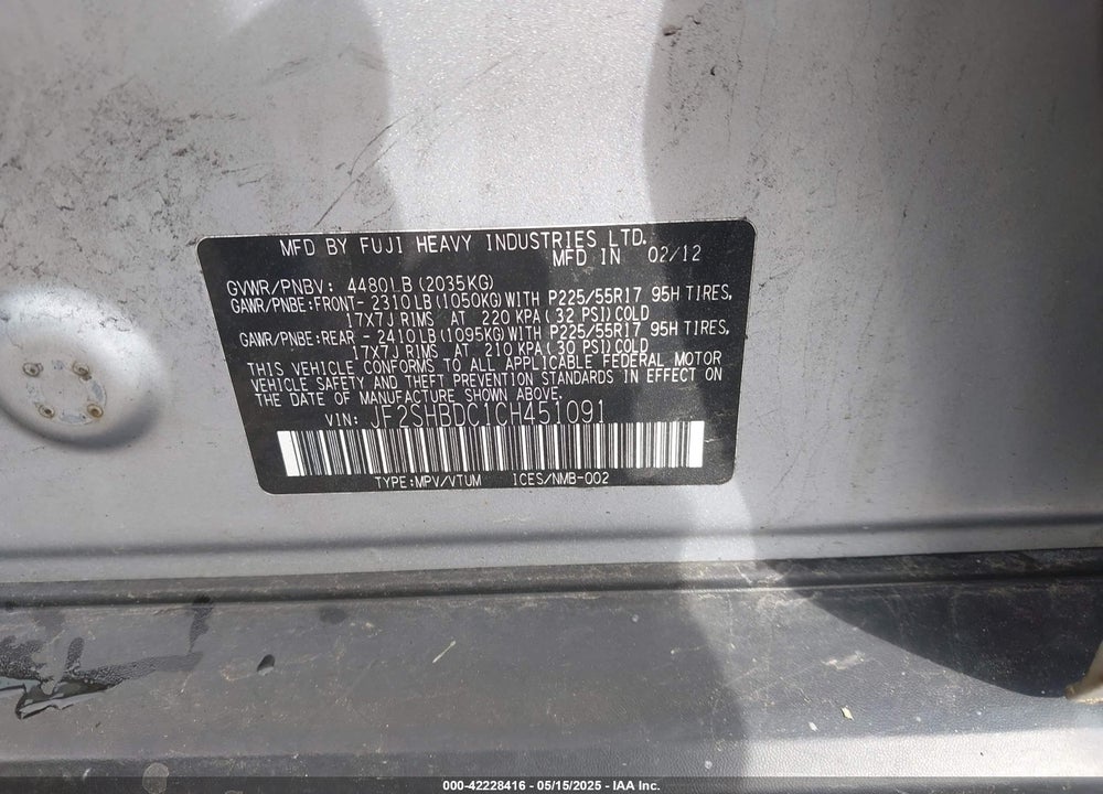 2012 SUBARU FORESTER VIN: JF2SHBDC1CH451091
