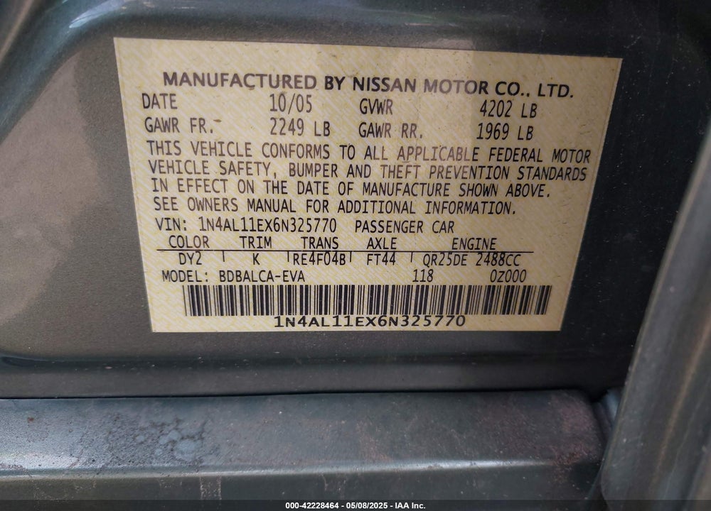 2006 NISSAN ALTIMA VIN: 1N4AL11EX6N325770