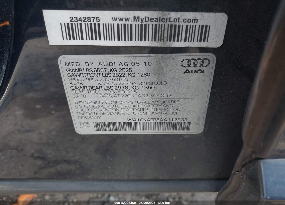 2010 AUDI Q5 3.2 PREMIUM VIN: WA1CKAFP8AA112939