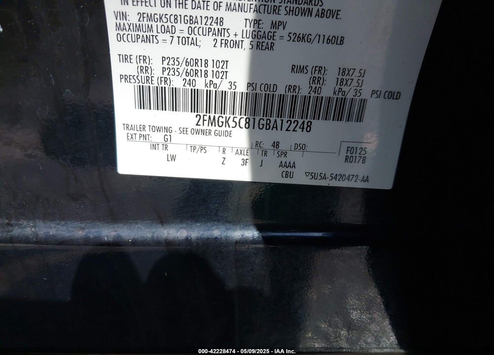 2016 FORD FLEX VIN: 2FMGK5C81GBA12248