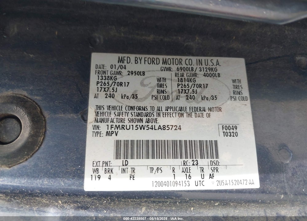 2004 FORD EXPEDITION XLT VIN: 1FMRU15W54LA85724