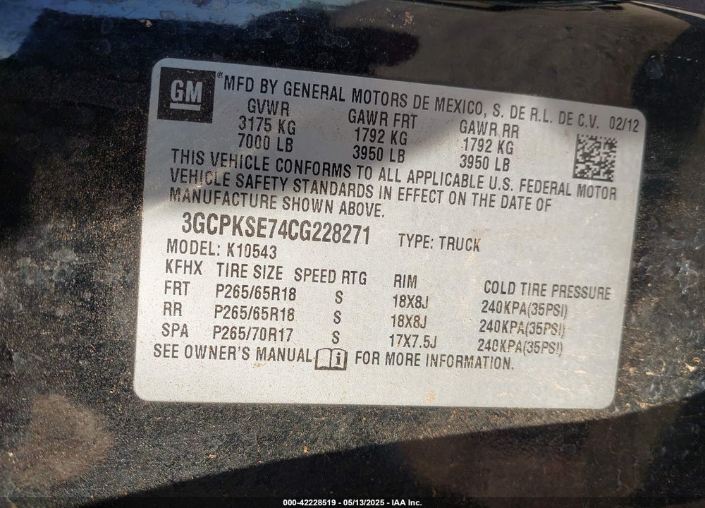 2012 CHEVROLET SILVERADO 1500 LT VIN: 3GCPKSE74CG228271