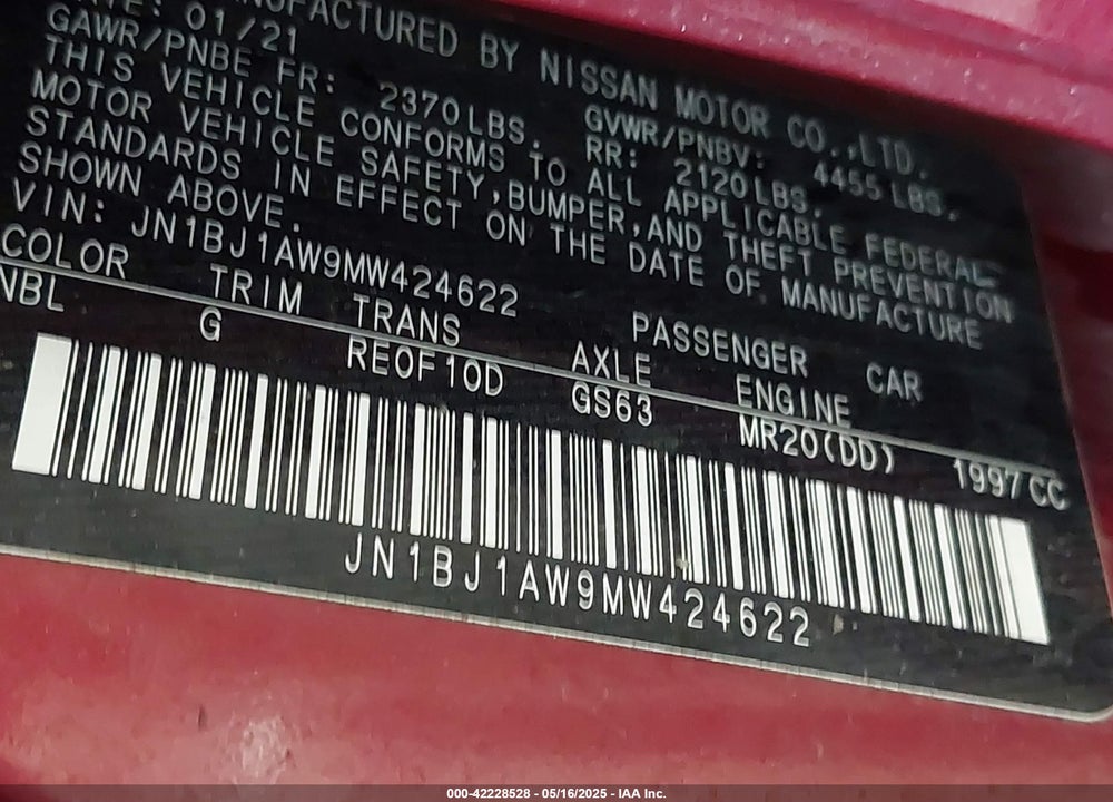 2021 NISSAN ROGUE SPORT VIN: JN1BJ1AW9MW424622