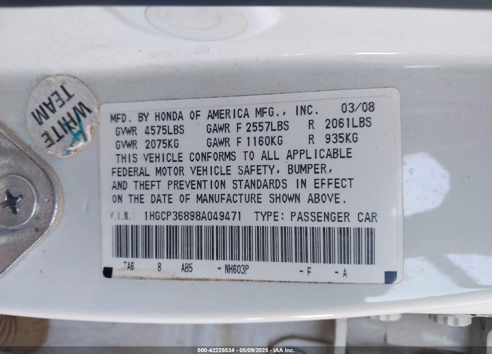 2008 HONDA ACCORD 3.5 EX-L VIN: 1HGCP36898A049471
