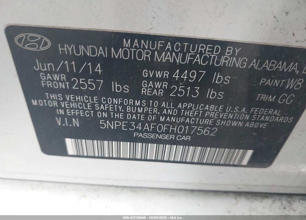 2015 HYUNDAI SONATA LIMITED VIN: 5NPE34AF0FH017562