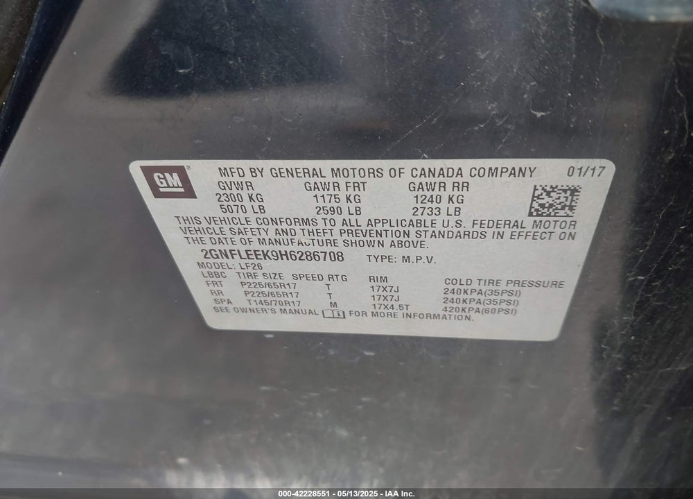 2017 CHEVROLET EQUINOX LS VIN: 2GNFLEEK9H6286708