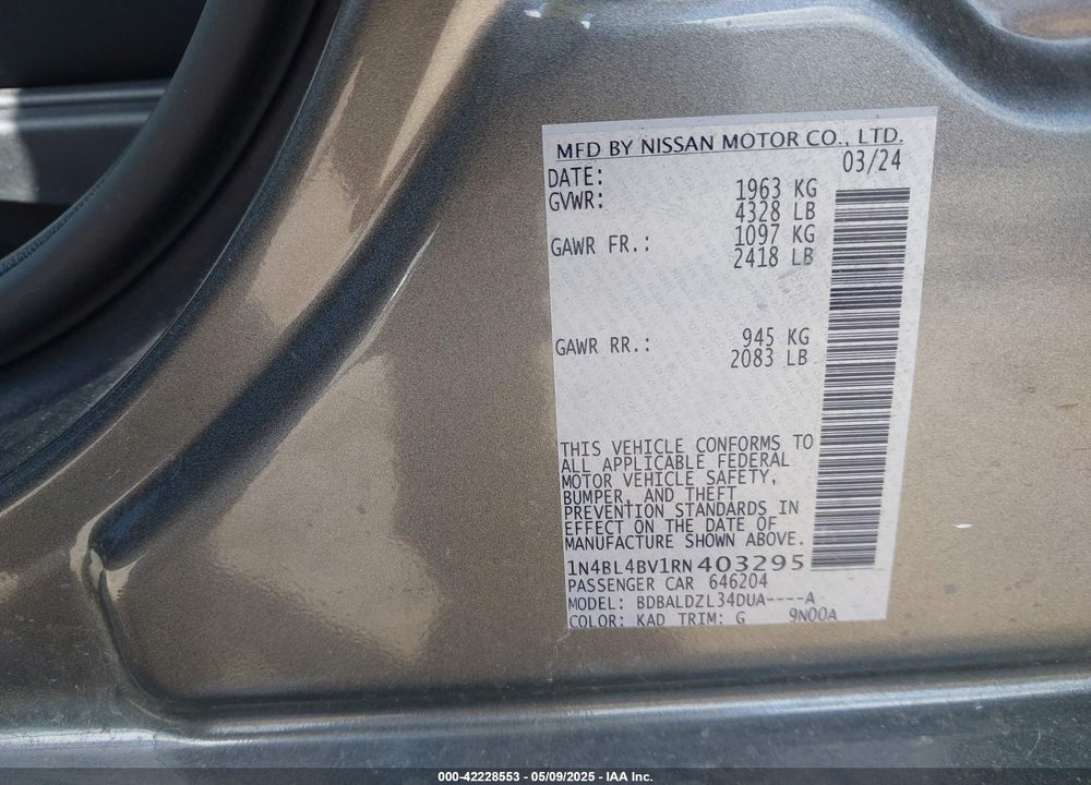 2024 NISSAN ALTIMA VIN: 1N4BL4BV1RN403295