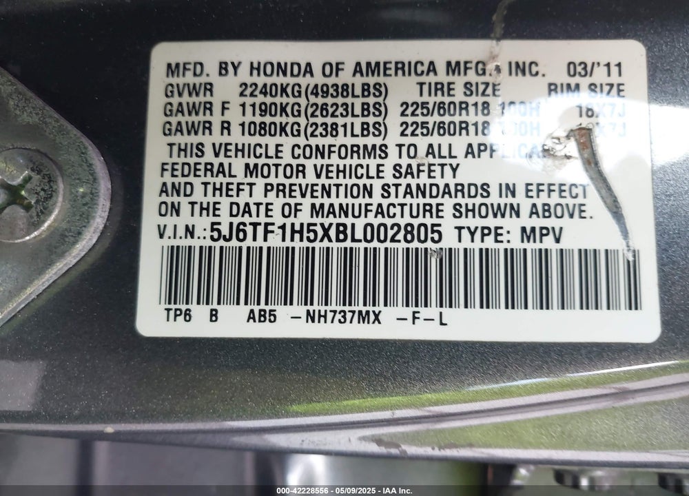 2011 HONDA ACCORD CROSSTOUR VIN: 5J6TF1H5XBL002805