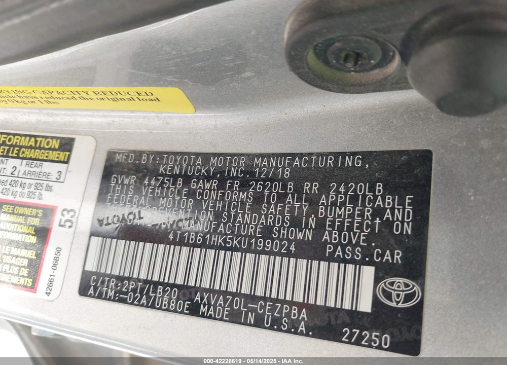 2019 TOYOTA CAMRY VIN: 4T1B61HK5KU199024
