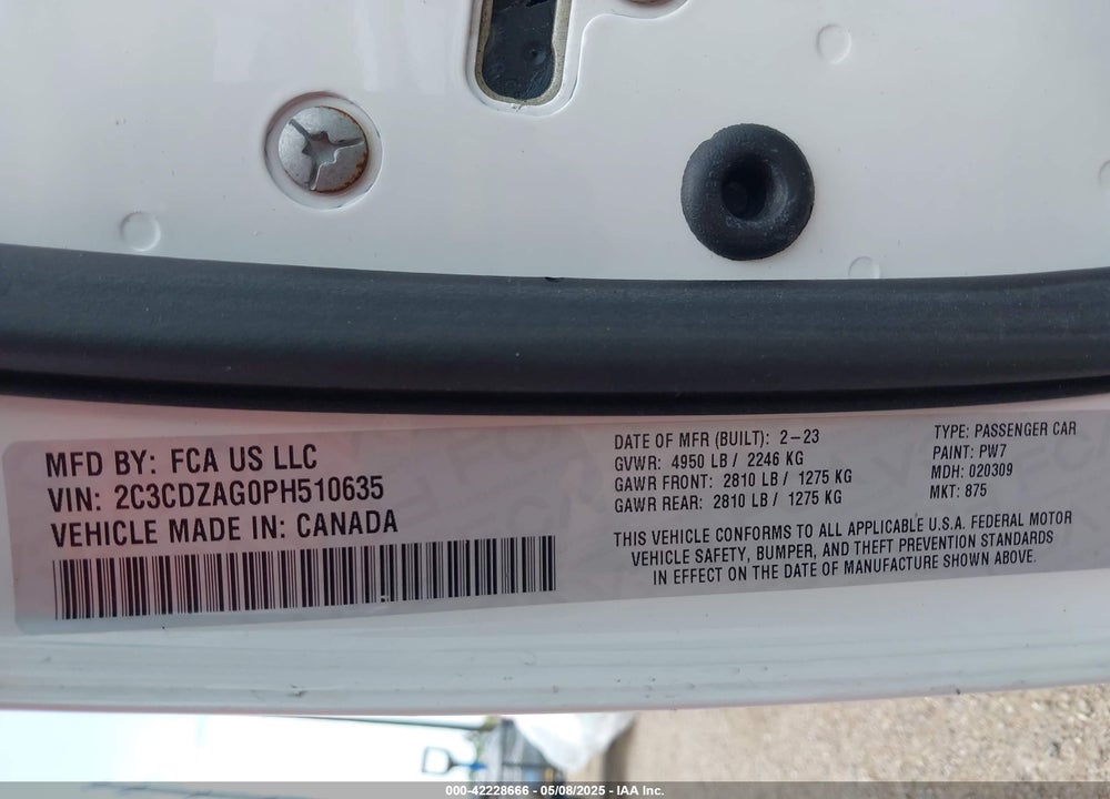 2023 DODGE CHALLENGER VIN: 2C3CDZAG0PH510635