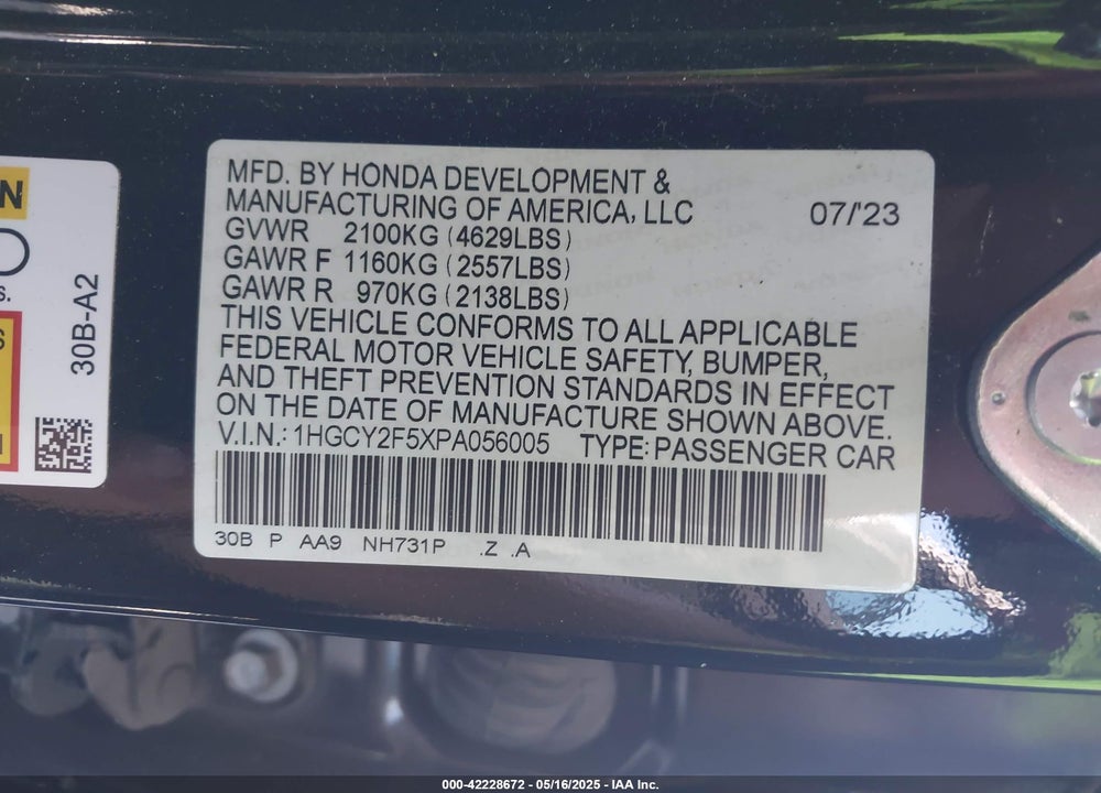 2023 HONDA ACCORD VIN: 1HGCY2F5XPA056005