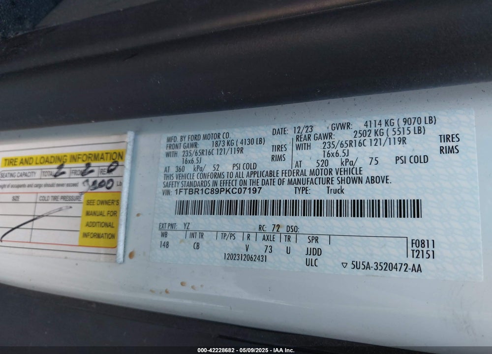 2023 FORD TRANSIT-250 VIN: 1FTBR1C89PKC07197