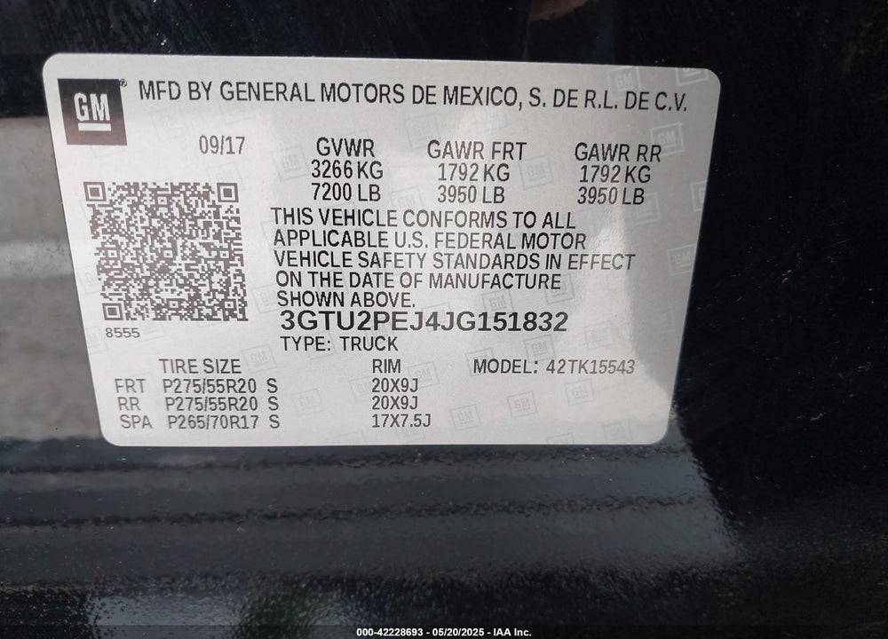 2018 GMC SIERRA 1500 VIN: 3GTU2PEJ4JG151832