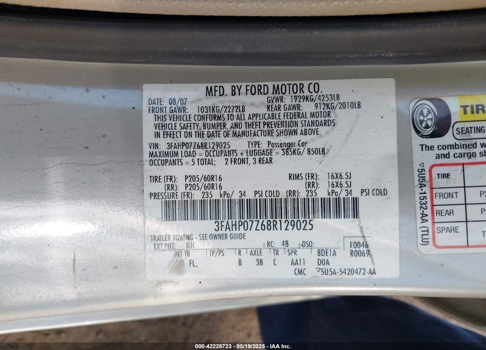 2008 FORD FUSION VIN: 3FAHP07Z68R129025