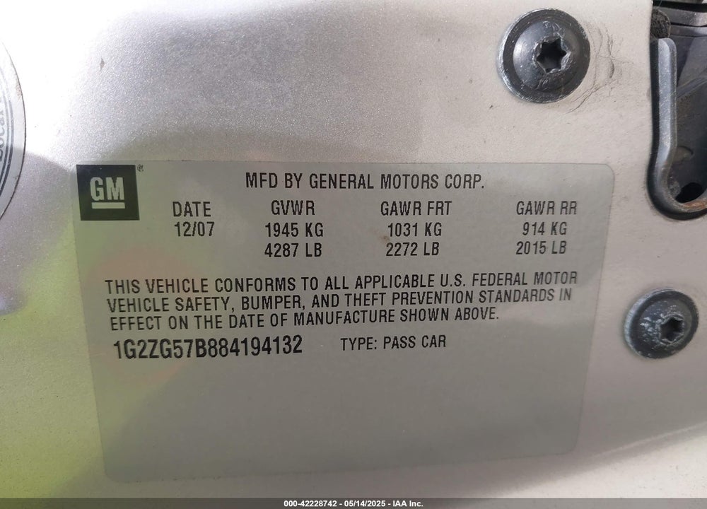 2008 PONTIAC G6 VIN: 1G2ZG57B884194132