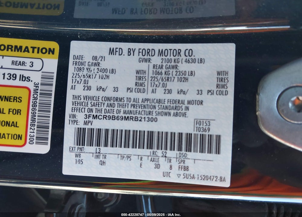 2021 FORD BRONCO SPORT BIG BEND VIN: 3FMCR9B69MRB21300