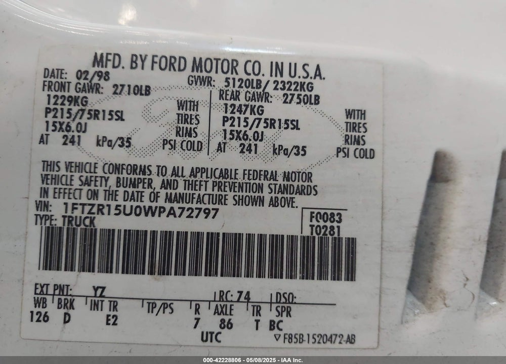 1998 FORD RANGER SPLASH/XL/XLT VIN: 1FTZR15U0WPA72797