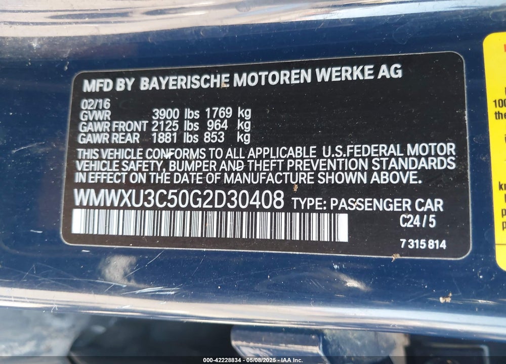 2016 MINI HARDTOP COOPER S VIN: WMWXU3C50G2D30408