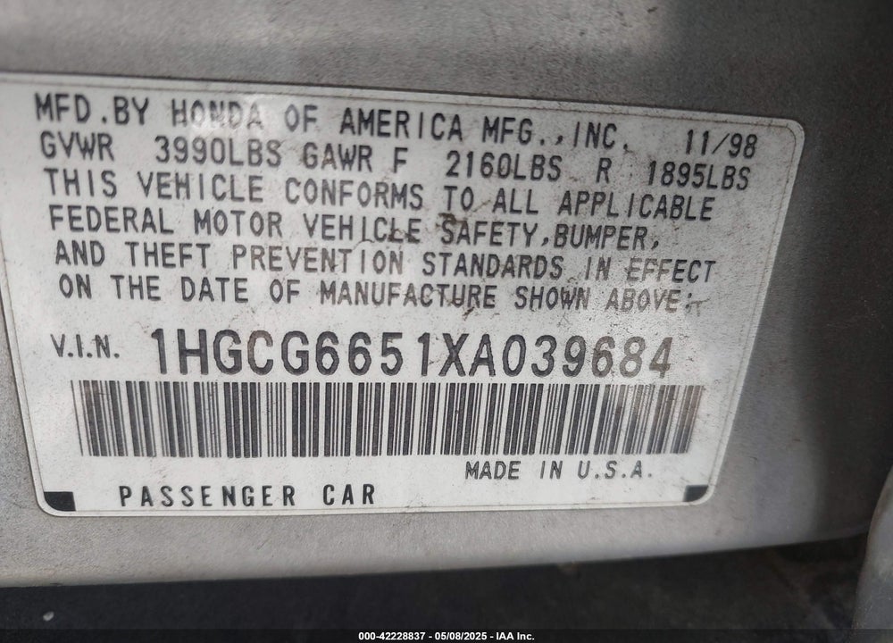 1999 HONDA ACCORD VIN: 1HGCG6651XA039684