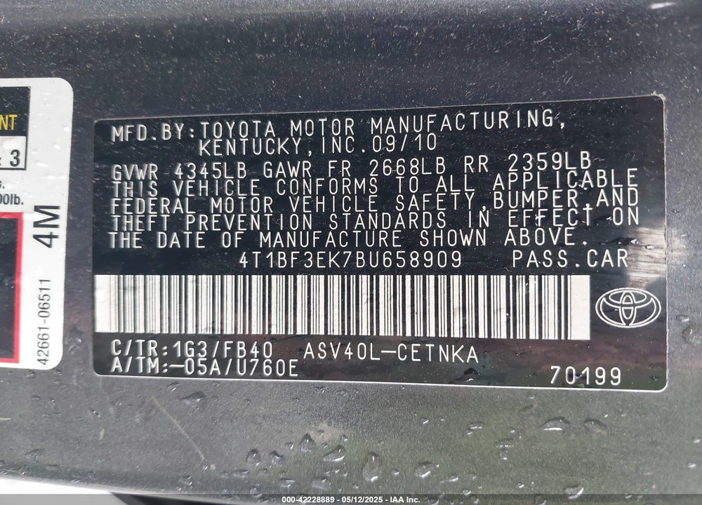 2011 TOYOTA CAMRY LE VIN: 4T1BF3EK7BU658909