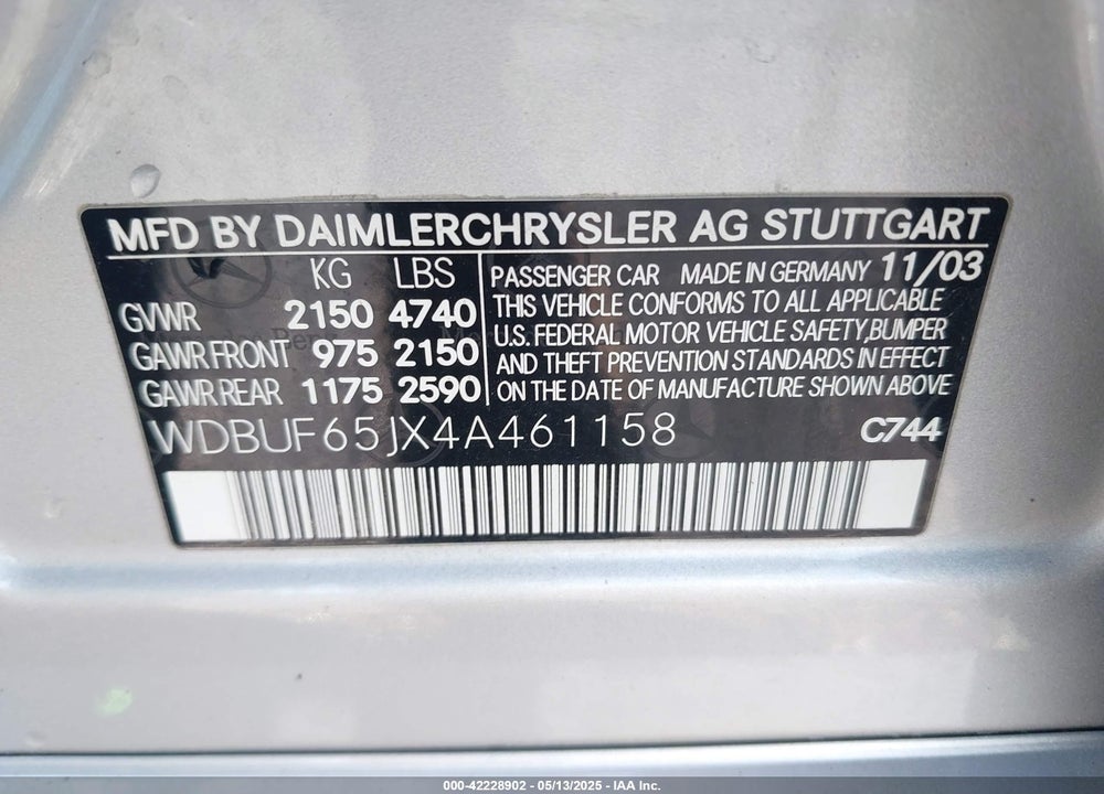 2004 MERCEDES-BENZ E 320 VIN: WDBUF65JX4A461158