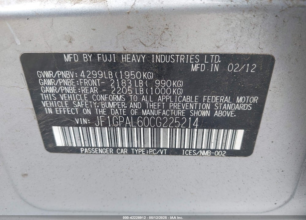 2012 SUBARU IMPREZA VIN: JF1GPAL60CG225214