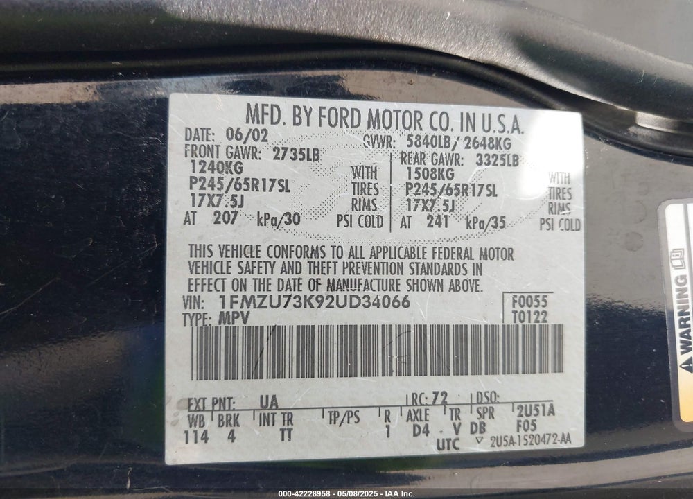 2002 FORD EXPLORER XLT VIN: 1FMZU73K92UD34066