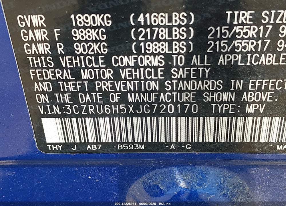 2018 HONDA HR-V EX VIN: 3CZRU6H5XJG720170