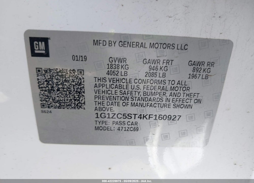 2019 CHEVROLET MALIBU VIN: 1G1ZC5ST4KF160927