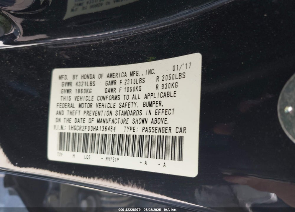 2017 HONDA ACCORD EX VIN: 1HGCR2F00HA136464