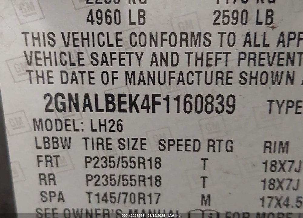 2015 CHEVROLET EQUINOX VIN: 2GNALBEK4F1160839