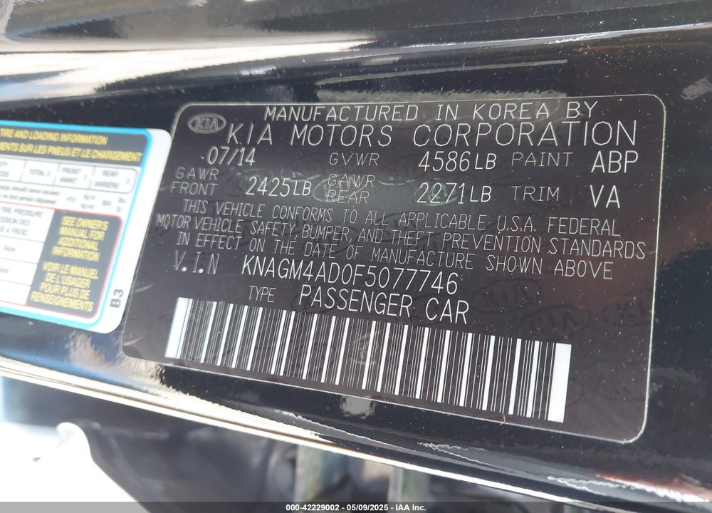 2015 KIA OPTIMA VIN: KNAGM4AD0F5077746