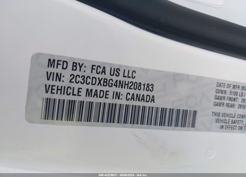 2022 DODGE CHARGER VIN: 2C3CDXBG4NH208183